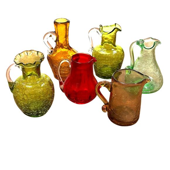 Vintage LOT (6) mid century crackle art glass bottles pitchers pontils Pilgrim? - Picture 1 of 14